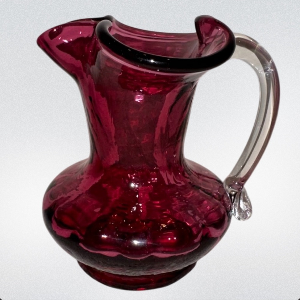 Vintage Mini Cranberry Glass Pitcher Vase w/Applied clear glass‎ handle 4”